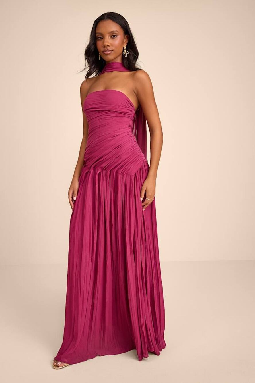 NWT Lulus Nellie Berry Pink Pleated Maxi Dress & Scarf Set  S